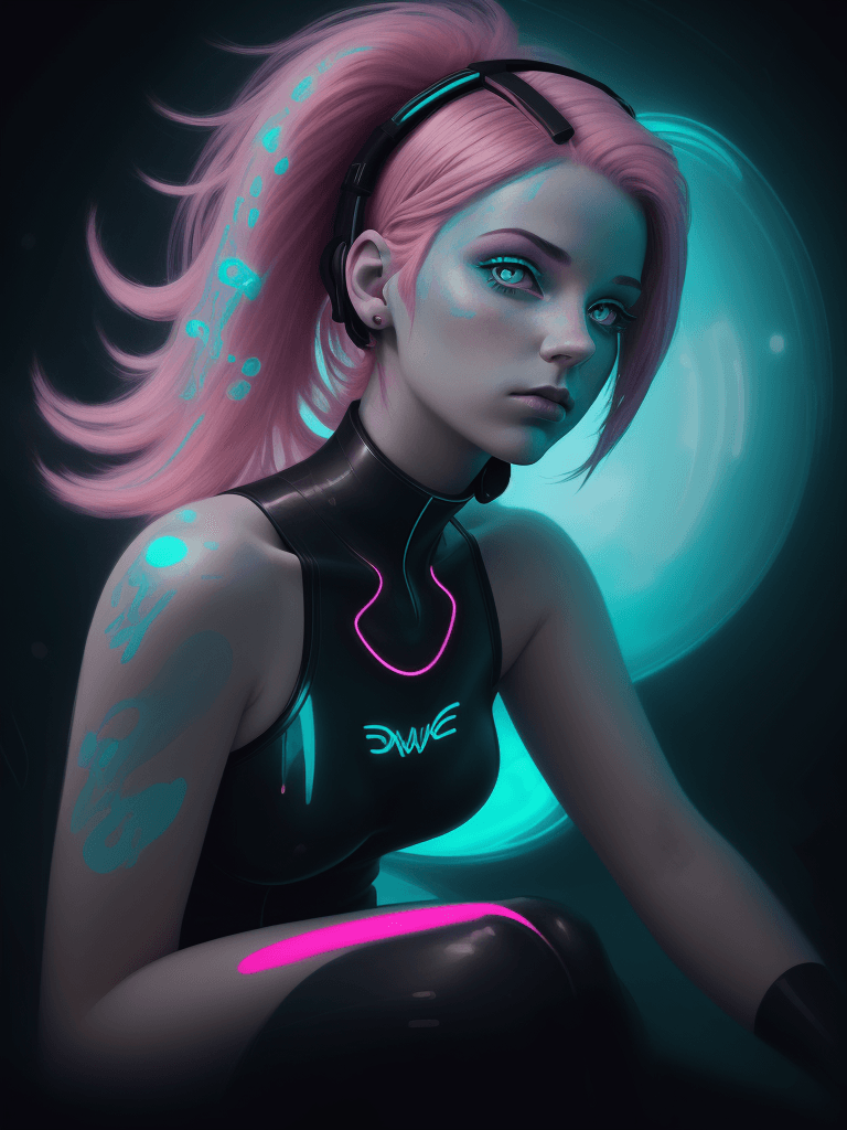 AI generated: close up of a girl with pink hair, sitting in a bright light with a neon lamp, in the style of digit...
