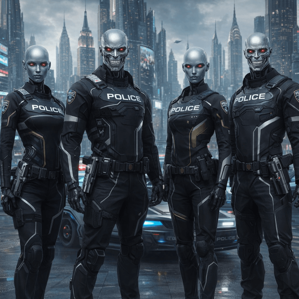 AI generated: Create an image of four futuristic Ailfs, reference images three and four, male and female, as Polic...