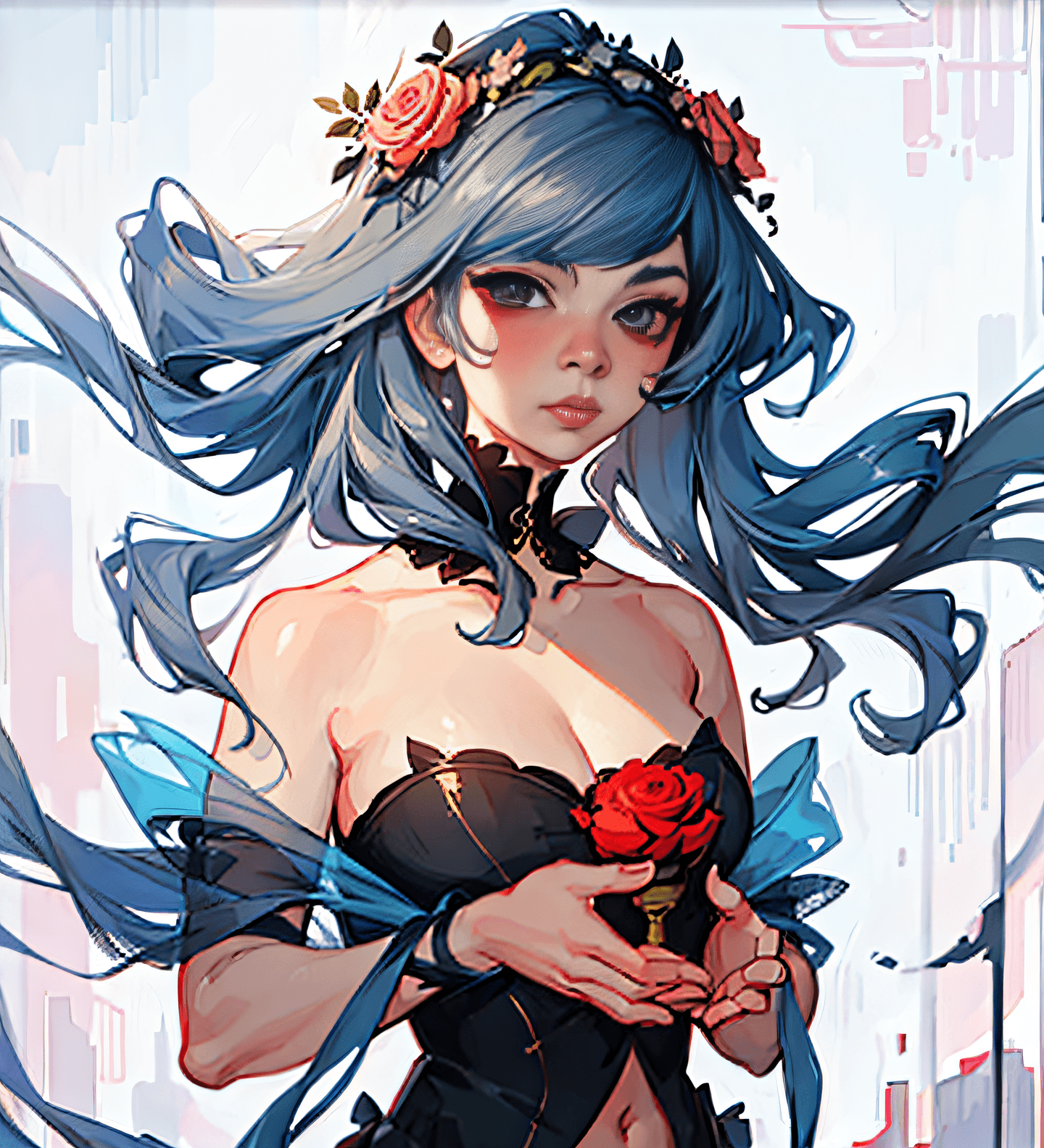 AI generated: a drawing of a woman with a flower crown holding a perfume bottle, loish and wlop, loish art style, ...
