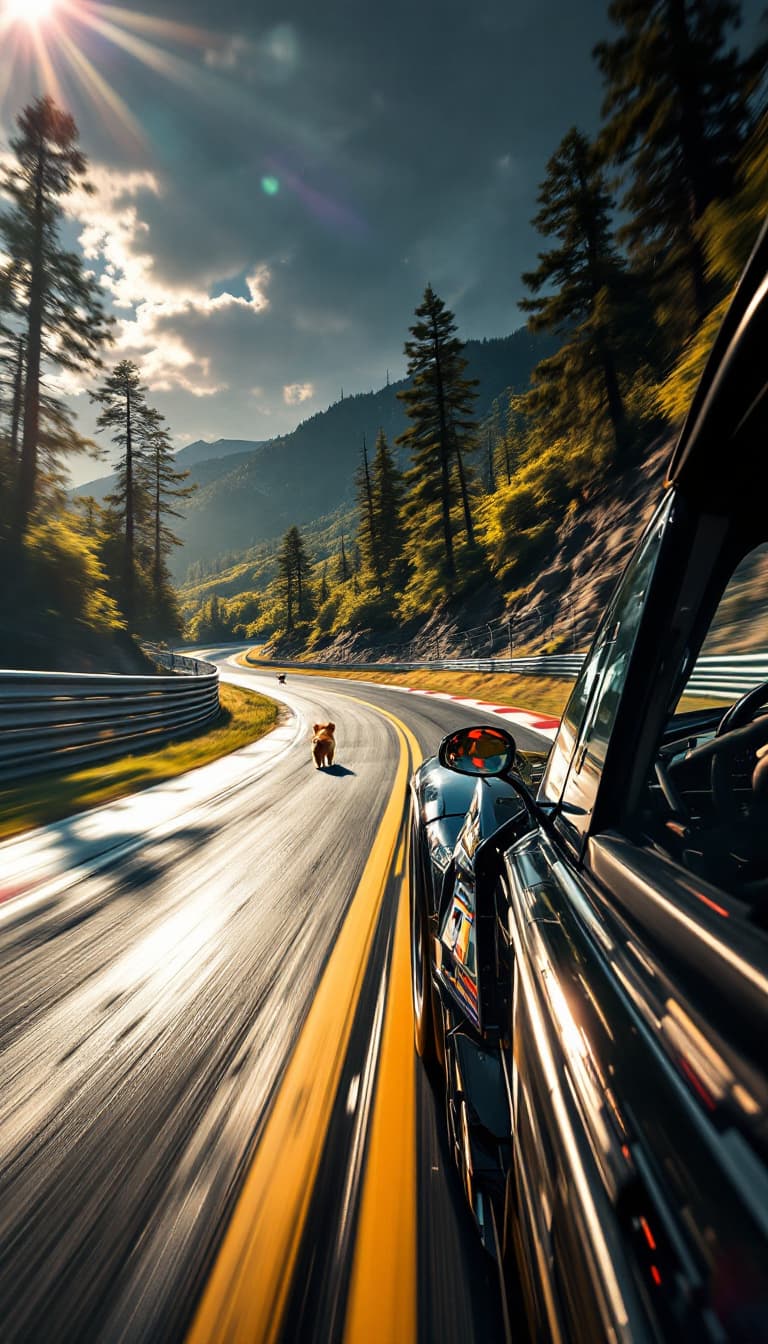 AI generated: Summer. The first racing car racing on the track.  From the car window in the distance, around the b...