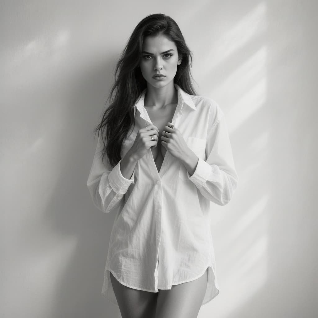 AI generated: Create a striking black and white image of a confident young woman with long, dark hair cascading ov...