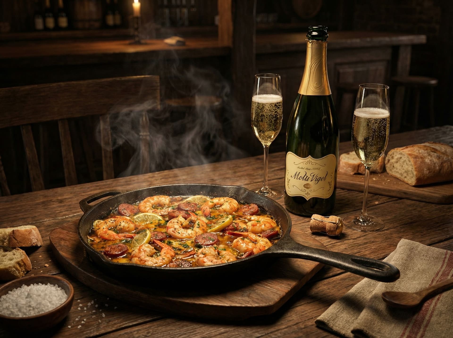 AI generated: garlic prawns and chorizo with wine. in a bar mood, on a wooden table, delicious, cinematic, hyper r...