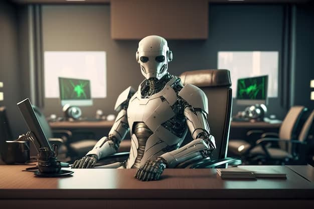 AI generated: A robot sitting in front of an LCD, looking towards the camera, Office Space, 4k, f1.4