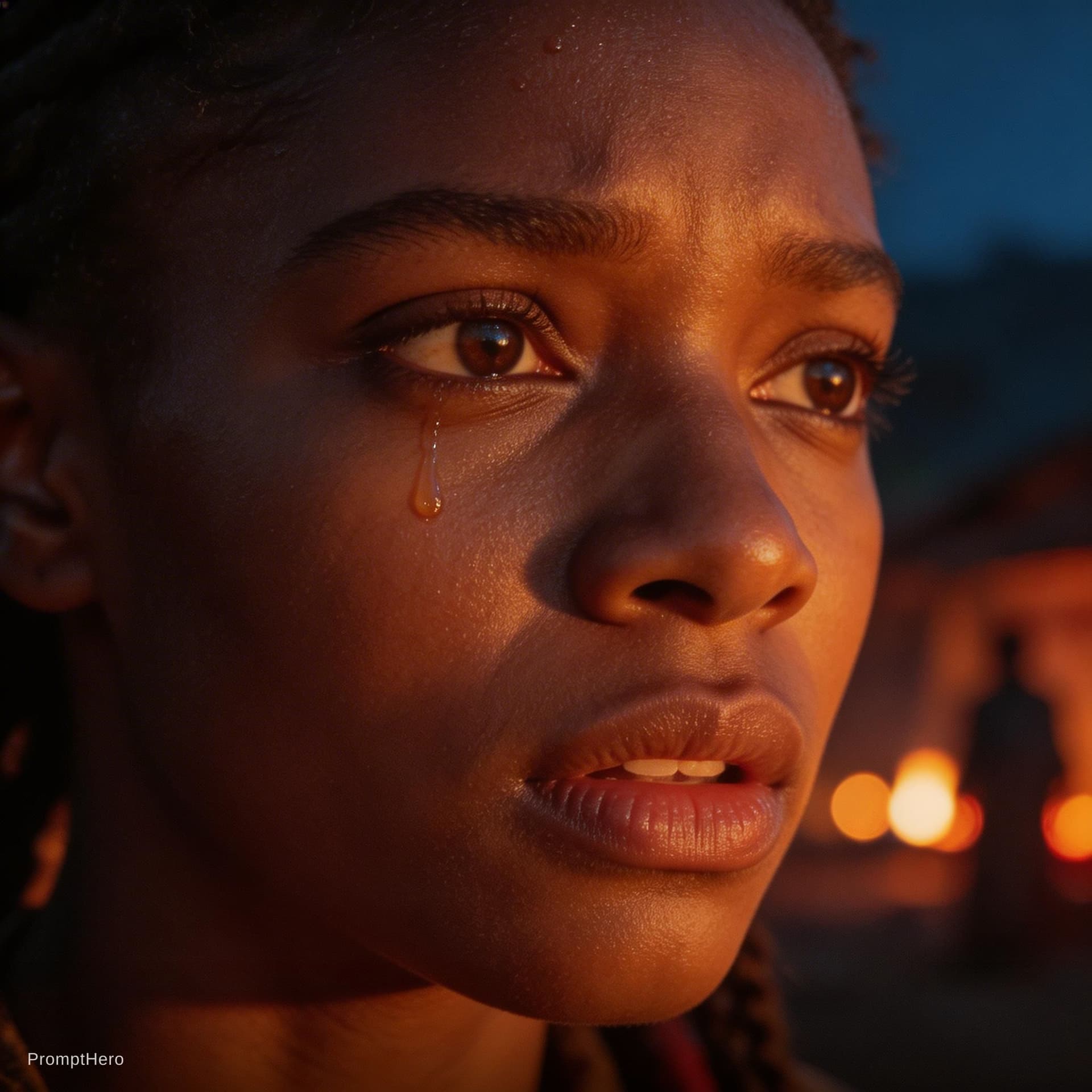 AI generated: close-up cinematic portrait of a young African woman (Amara), face filling the frame, emotional and ...