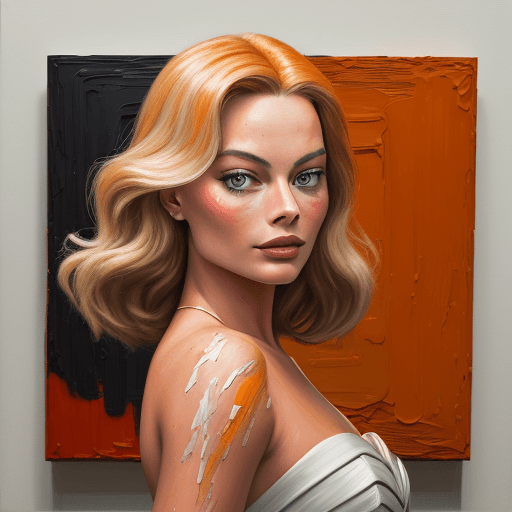 AI generated: Margot Robbie, impasto technique, oil painting, contemporary era, primarily monochromatic with accen...