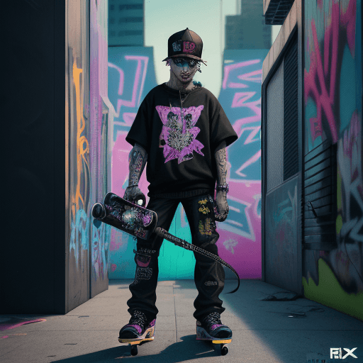 AI generated: Cyberpunk style, a cat standing on a skateboard, wearing a backwards baseball cap and holding a boom...
