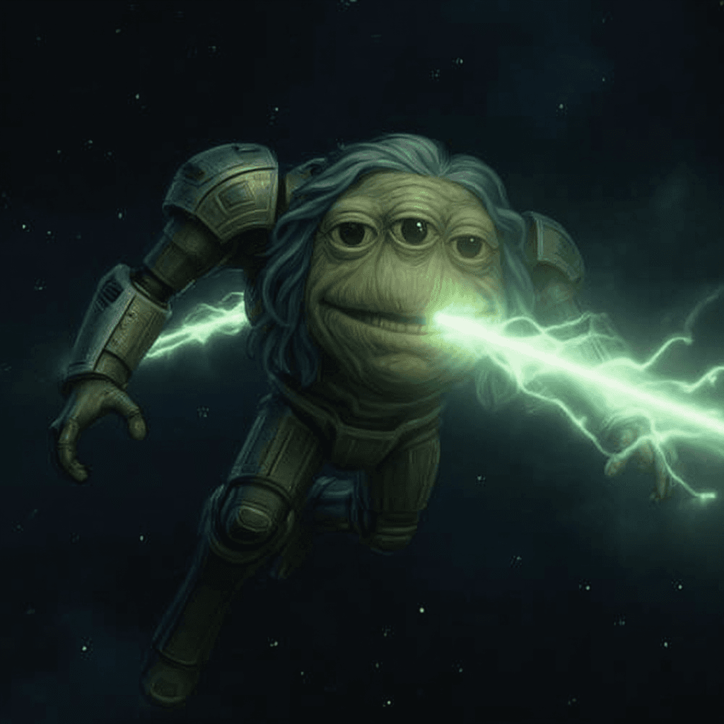 AI generated: can you turn this character into a floating, orbital machine that beams light and destroys humanity?