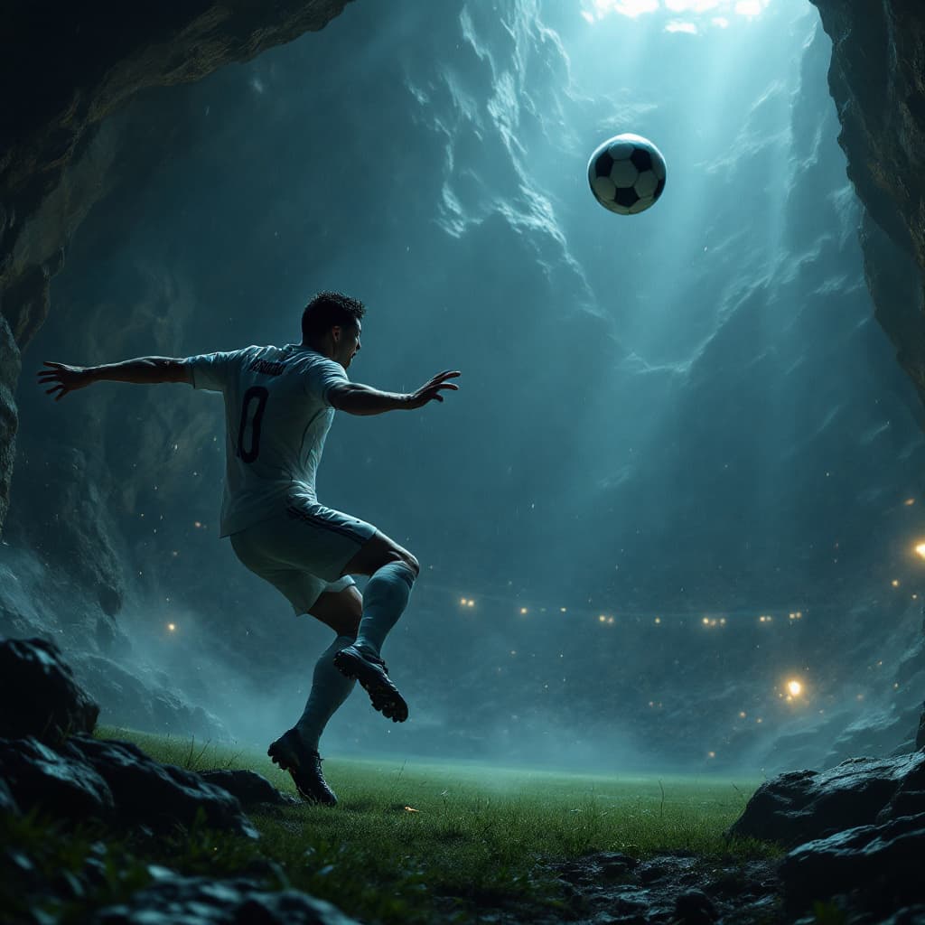 AI generated: Ronaldo scoring an unbelievable goal in a cave incredibly lost and screaming, 8k, HD, nanites, volum...