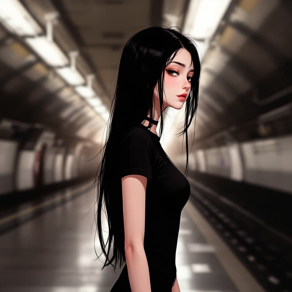 AI generated: Female, Young adult female, long black hair, sleepy dark brown eyes, very pale, wearing black tight ...