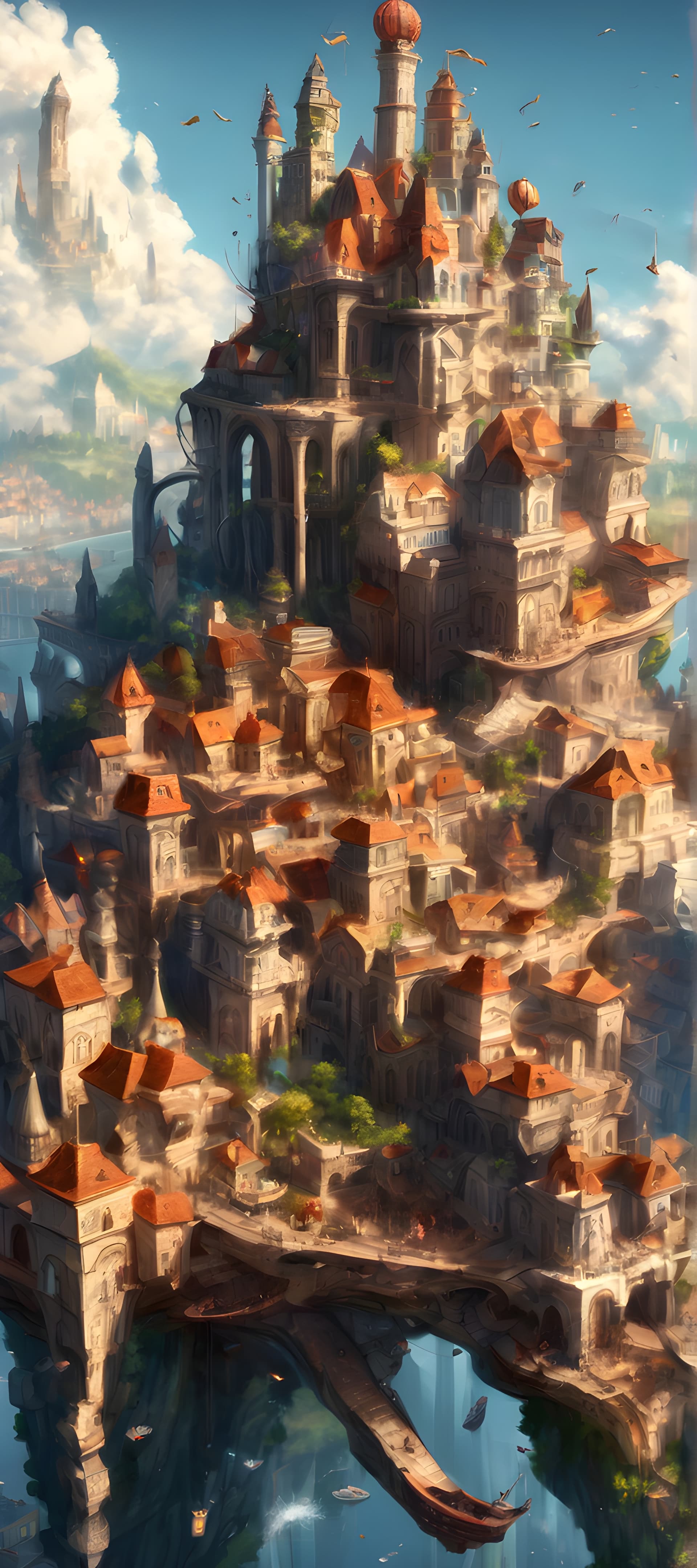 AI generated: city that is floating in the sky combination of imagination, artistic. imagine the layout of the cit...