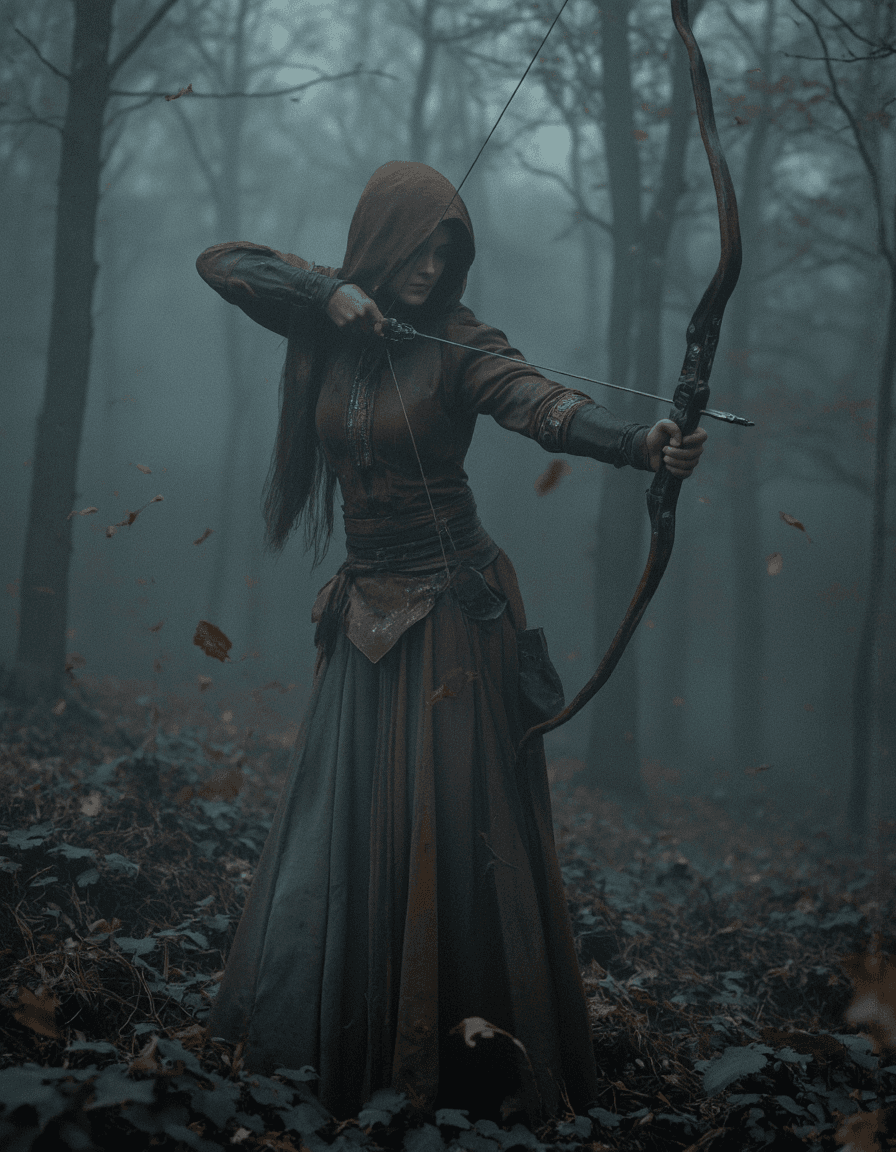 AI generated: high-quality, masterpiece, A phantom archer, her body phasing between visibility and translucency, w...
