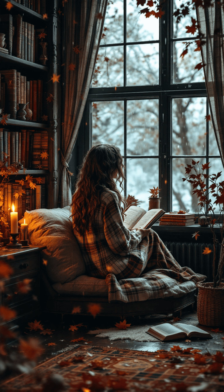 AI generated: photo of a cozy reading nook, near a big window, plaid pattern, old house, romantic, candlelight, bi...