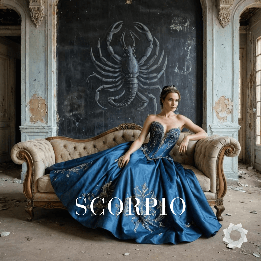 AI generated: full length portrait of a woman in a royal modest ballgown representing scorpio zodiac sign, ultra d...