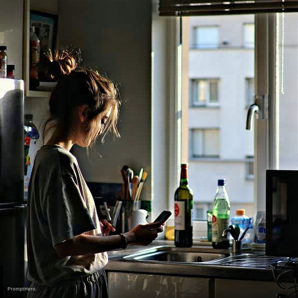 AI generated: The CounterSaturday afternoon in a cramped apartment kitchen, grey autumn light through a sliding do...
