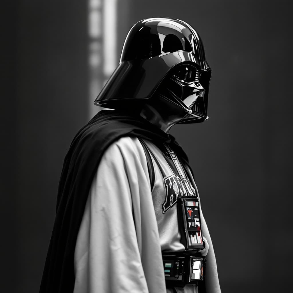 AI generated: Darth Vader, side view  Knicks jersey, white robe black and white