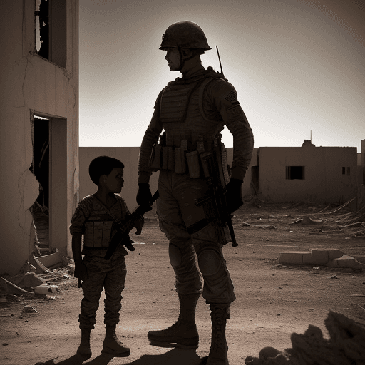 AI generated: a powerful duo-tone photograph capturing the poignant moment between a fully armed soldier and an in...