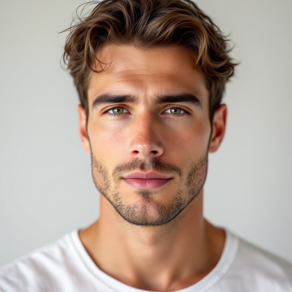 AI generated: Studio portrait of a 25-year-old white American man, slightly tanned skin, short brown hair with sub...