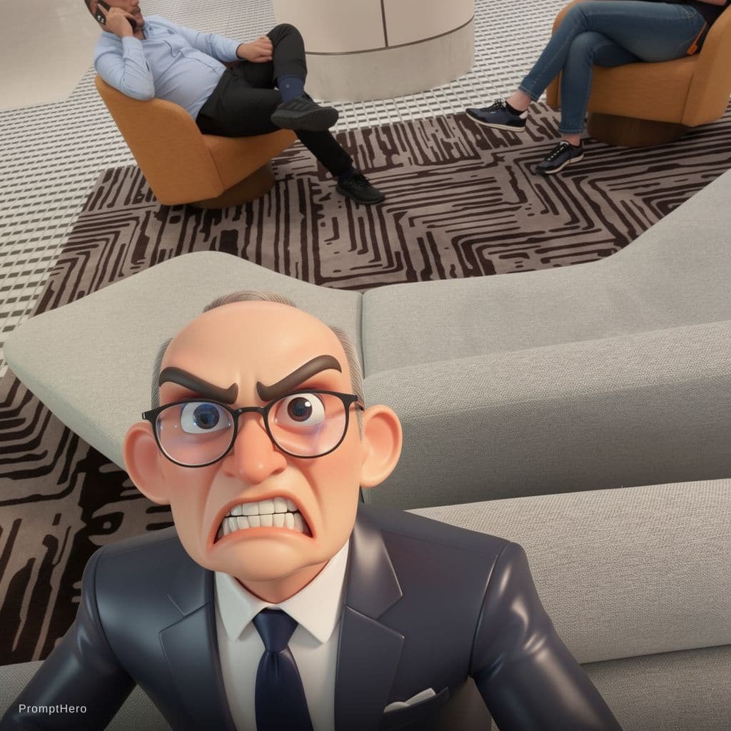 AI generated: a young man in a business suit with a very angry expression, in the style of unreal engine 5, cartoo...