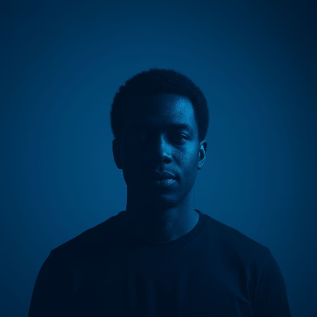 AI generated: photography, front, gaze, portrait, contrast, profile silhouette of a man against a vibrant deep blu...