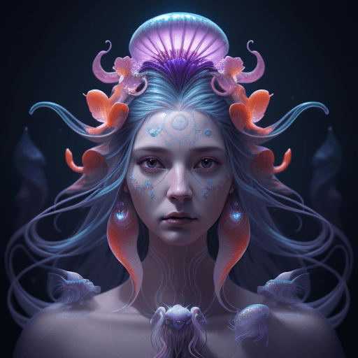 AI generated: Goddess close-up portrait ribcagel. jellyfish phoenix head, nautilus, orchid, skull, betta fish, bio...