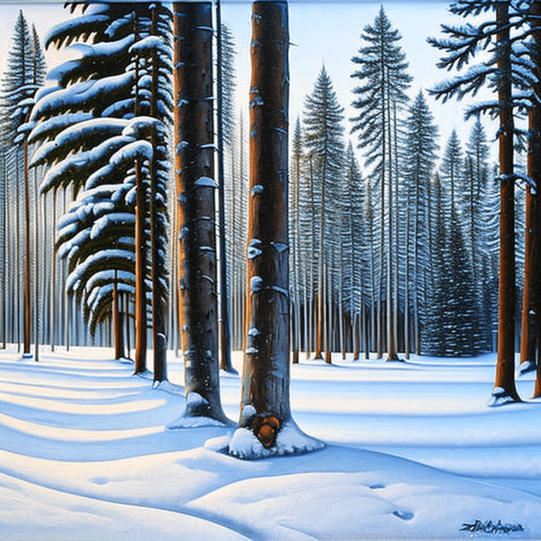 AI generated: photorealistic oil on canvas of some trees in the snow, shutterstock, Canadian scene painting, spruc...