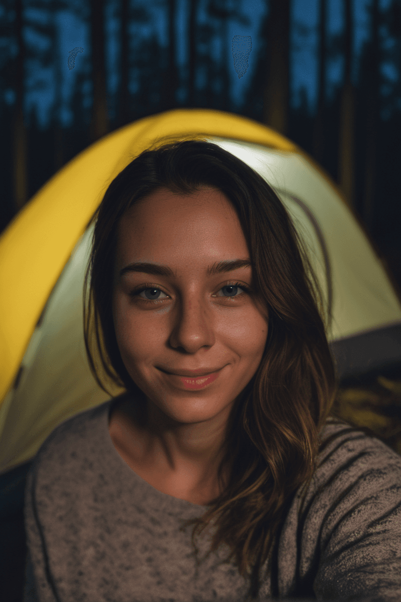 AI generated: Medium close-up, photograph of, a 25 year old woman at night in the woods at night, camping, smiling...
