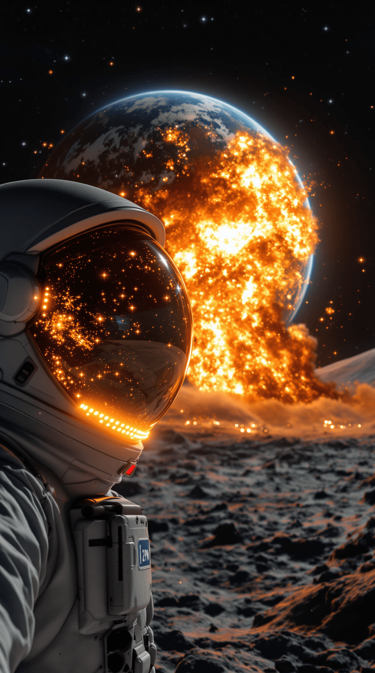 AI generated: An astronaut standing on the moon, taking a selfie with Earth prominently in the background. Earth a...
