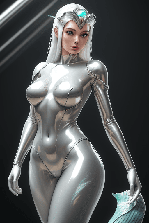 AI generated: a woman with a CHROME body and a SILVER headpiece on her head and a white mermaid bodysuit on her ch...