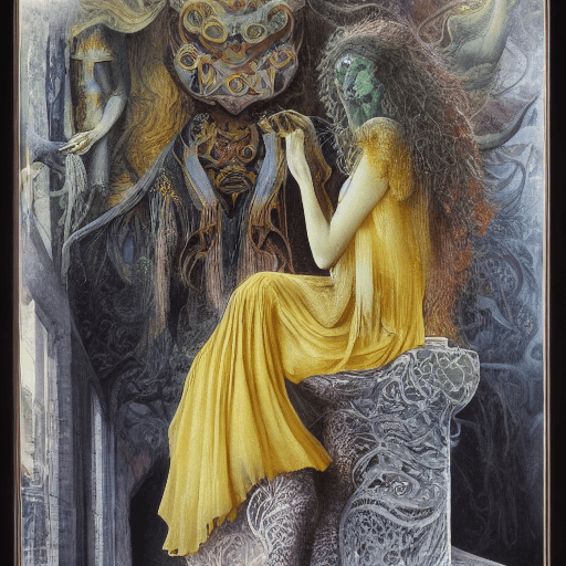 AI generated: installation art, fullbody wife with yellow cloth, by ernst fuchs, by paul wunderlich, leonor fini,w...