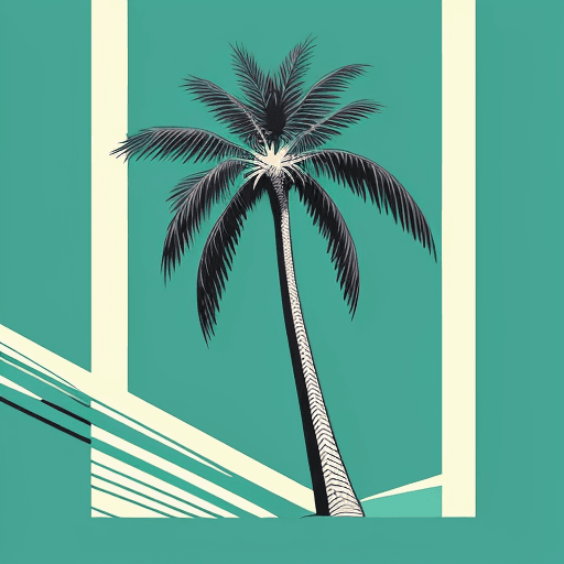 AI generated: A variation of a palm tree depicted in a classic screen-print (silkscreen) style, featuring bold, cl...