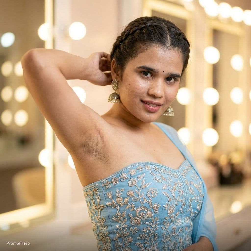 AI generated: She shows her armpit closeup and her face shown