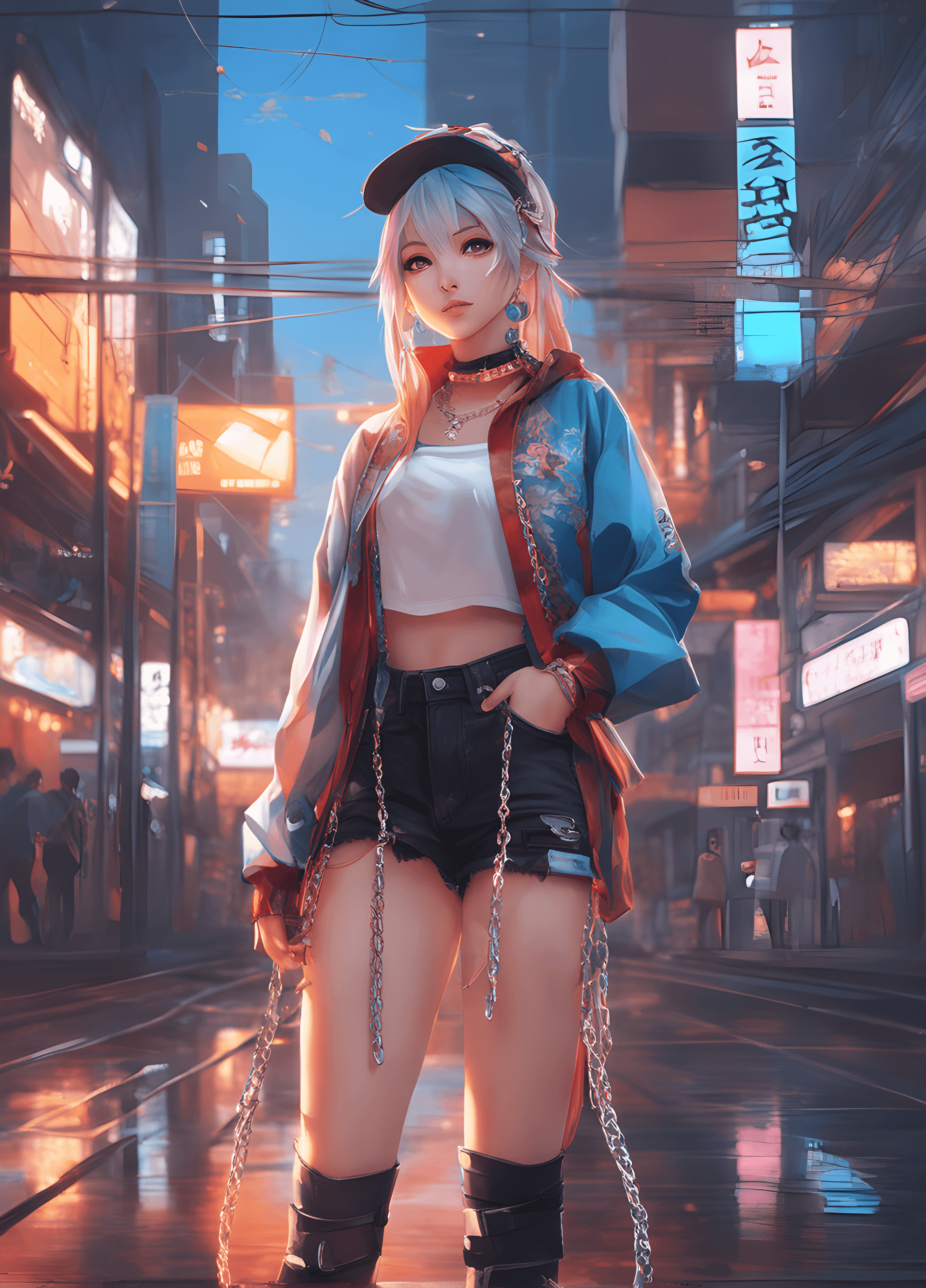 AI generated: a woman that is standing in the street, an anime drawing, inspired by Ross Tran, digital art, wearin...