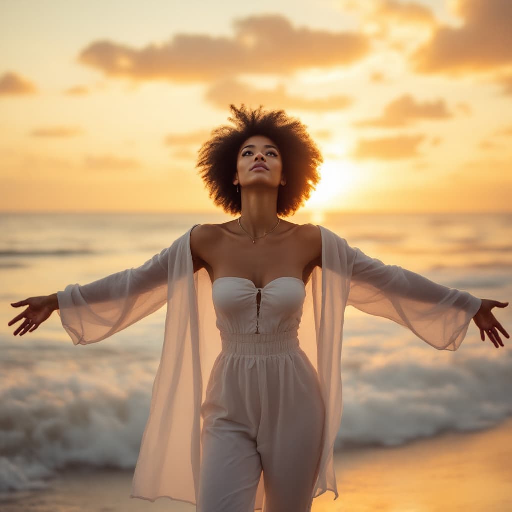AI generated: An image of a black woman with an afro at the beach at sunset wearing all white, she has her back on...