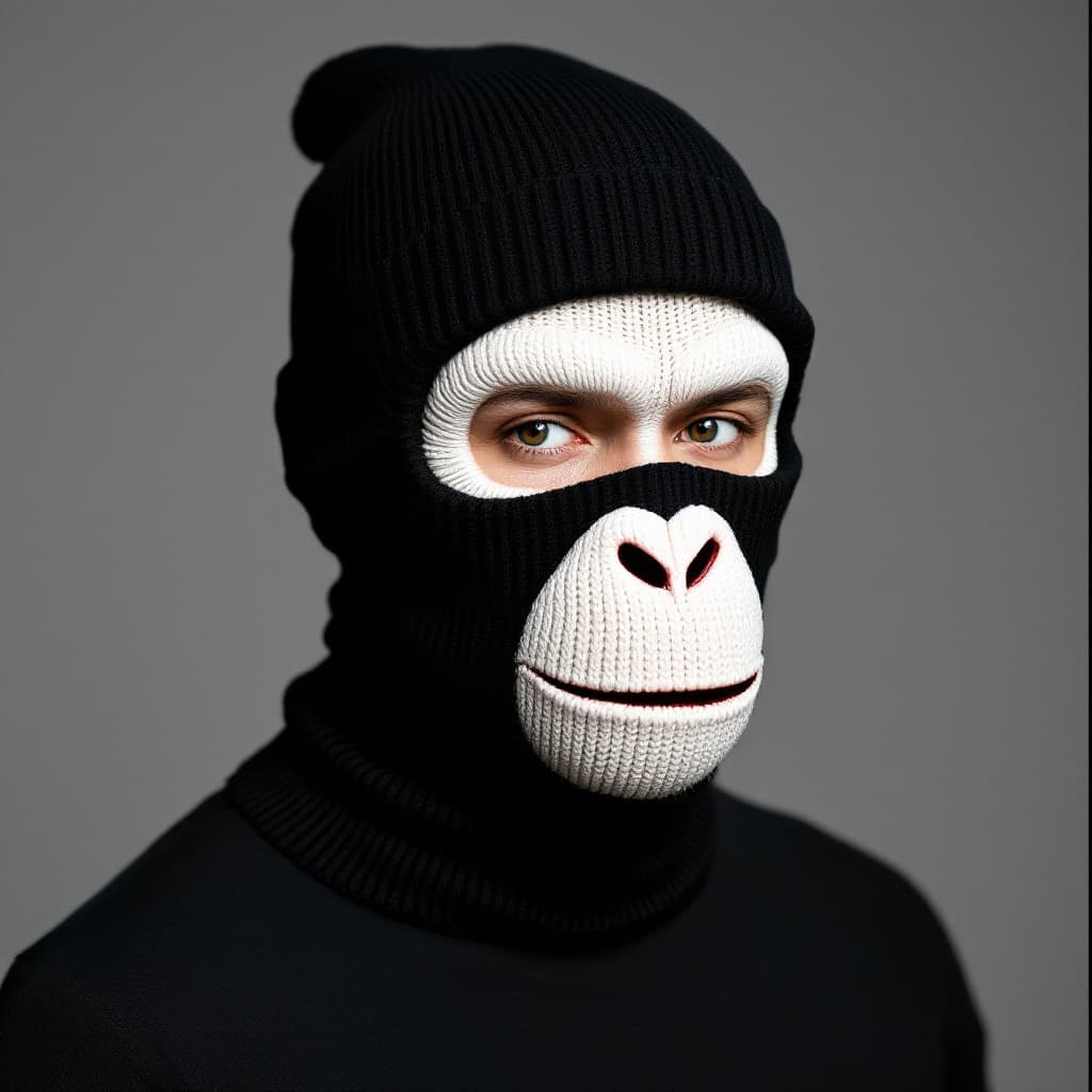 AI generated: a black ribbed knit skimask, 3 holes, white chimpface knitted on it

