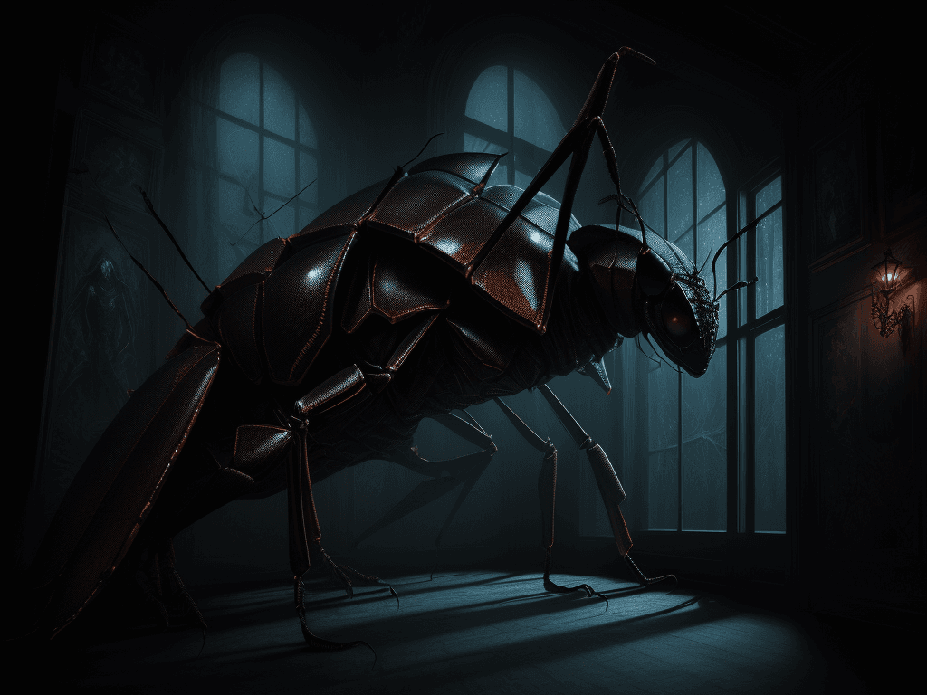 AI generated:  giant insect two meters long in a dark room with decoration from the year 1970, side view, window, ...