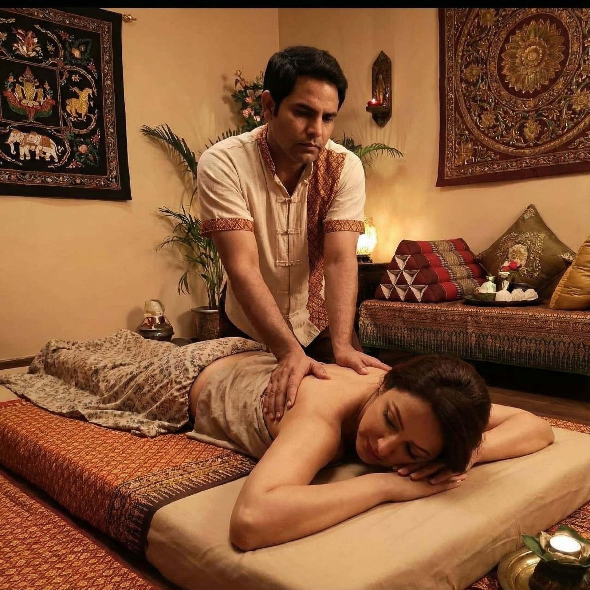 AI generated: thai massage  indian man giving a massage to a woman lying on a massage bed. Realistic pictures with...