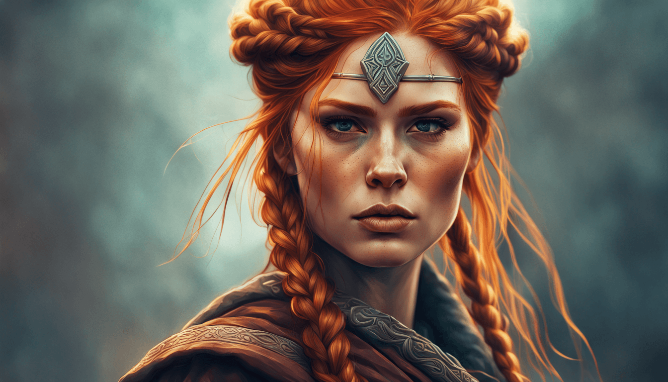 AI generated: a photograph of a close up of a viking woman, looking cautious, wearing traditional clothing, Her ha...