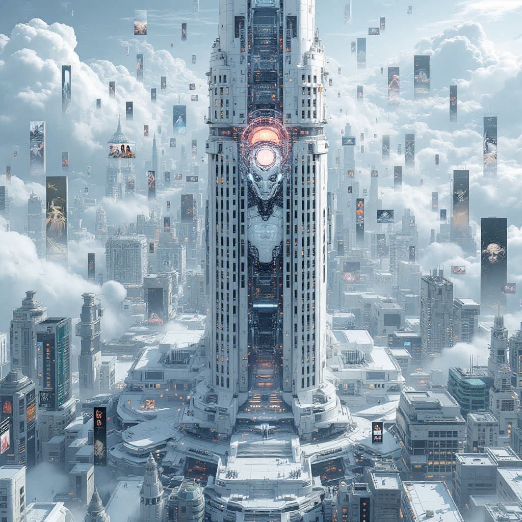 AI generated: detailed cyberpunk cityscape, multi-level urban structures and buildings, a white futuristic buildin...