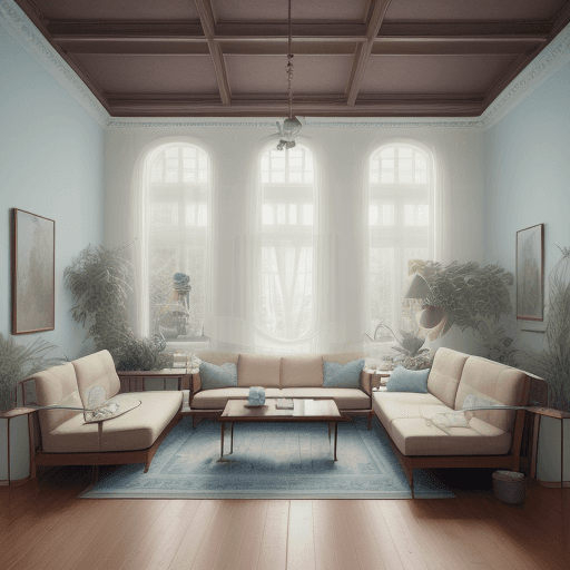 AI generated: High resolution photography interior design, dreamy sunken living room conversation pit, wooden floo...