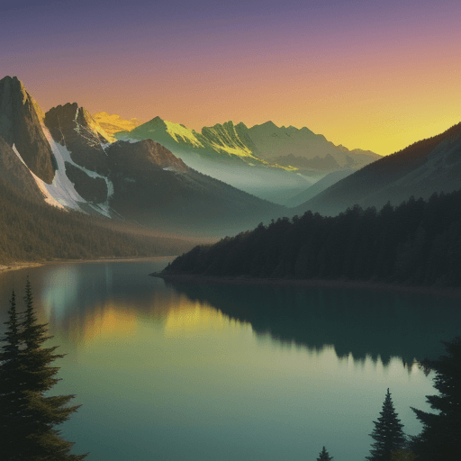 AI generated: Retro Sunset, Mountain Lake scene, green, gold, illustration, inspired by James Jean variation 1