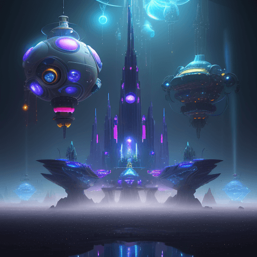 AI generated: Envision a misty, mystical world illuminated by dynamic lights. In its midst stands a Robot, surroun...