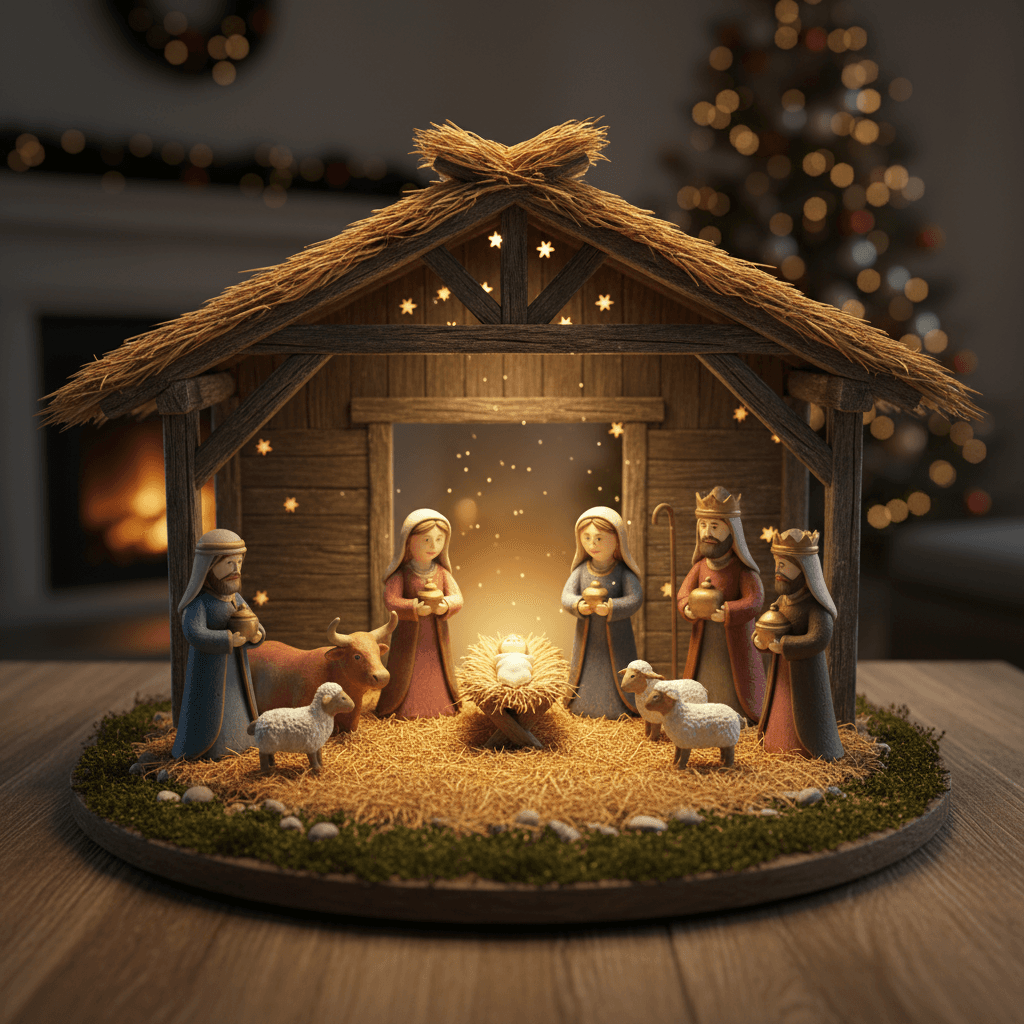 AI generated: "A 3D nativity scene with figurines, hay, and soft glowing light"