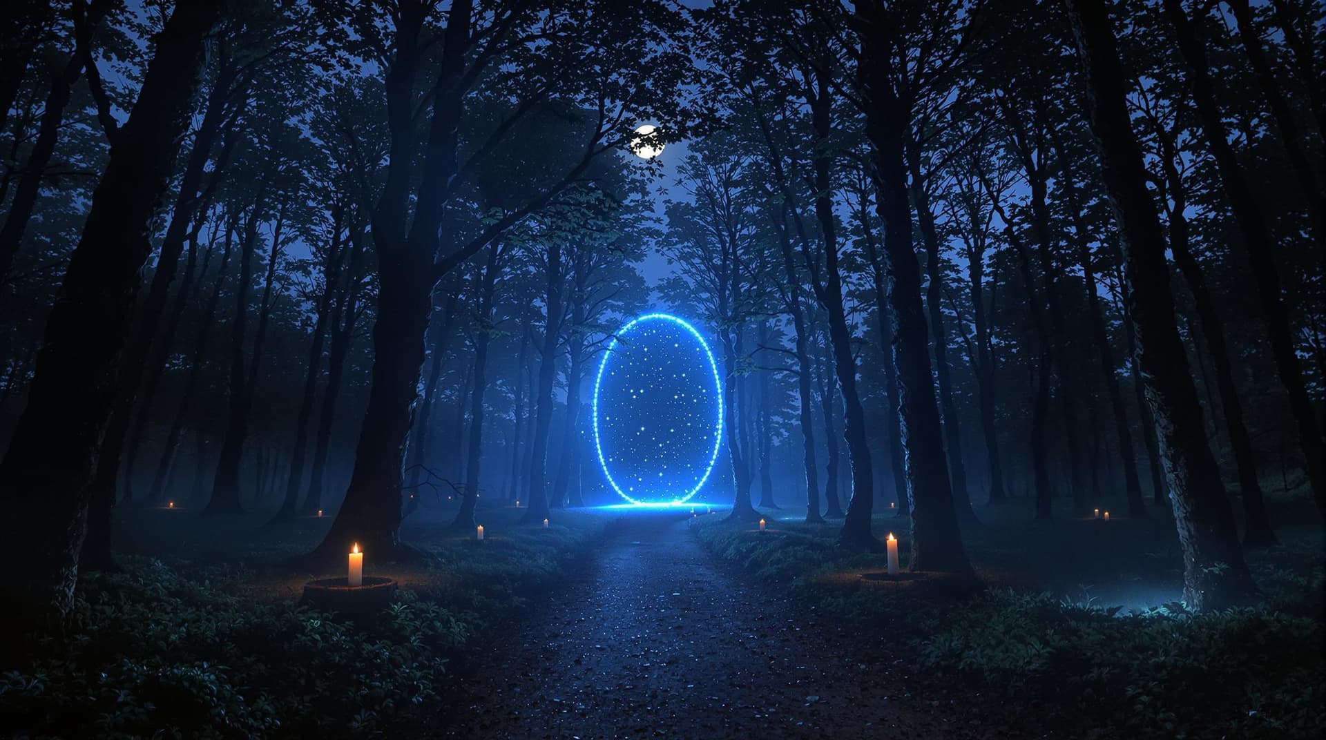 AI generated: a dark misty fairy tale forest at night time, a large gap in the trees at the centre of the image an...