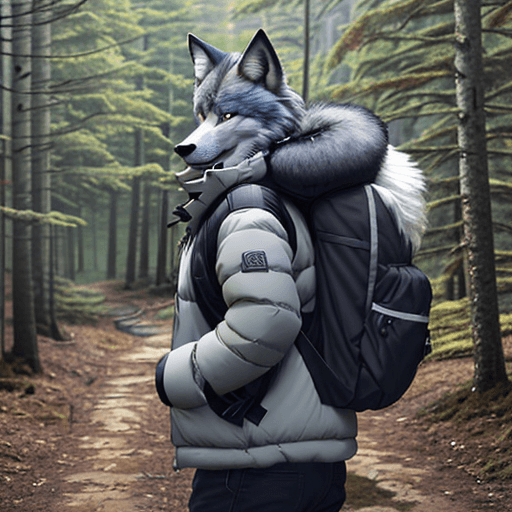AI generated: furry, fursona, anthro, wolf male, anthropomorphic, clothed, puffy jacket, backpack, (subject on the...