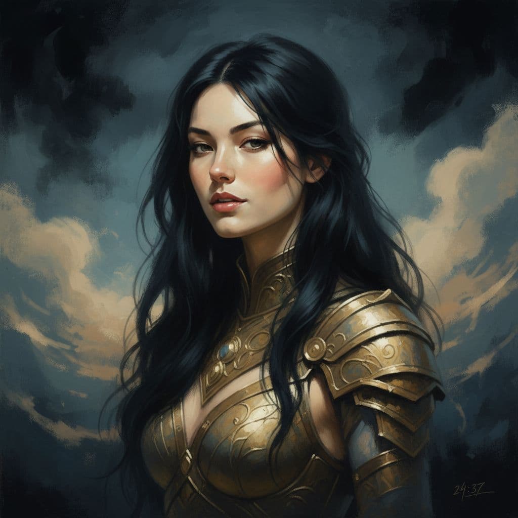 AI generated: a woman with long black hair in a gold painting, in the style of charlie bowater, dark blue and dark...