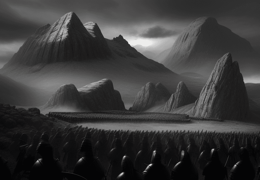 AI generated: 100 Scottish warriors, fighting against 300 English soldiers, Planice Field Scenery, High Contrast, ...