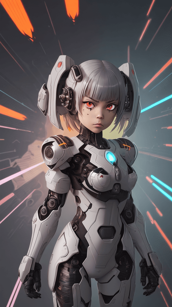 AI generated: in a neutral background portrait of little ((((Cyborg/army/female)))):4.4, fire a ((((weapon))):4.4,...