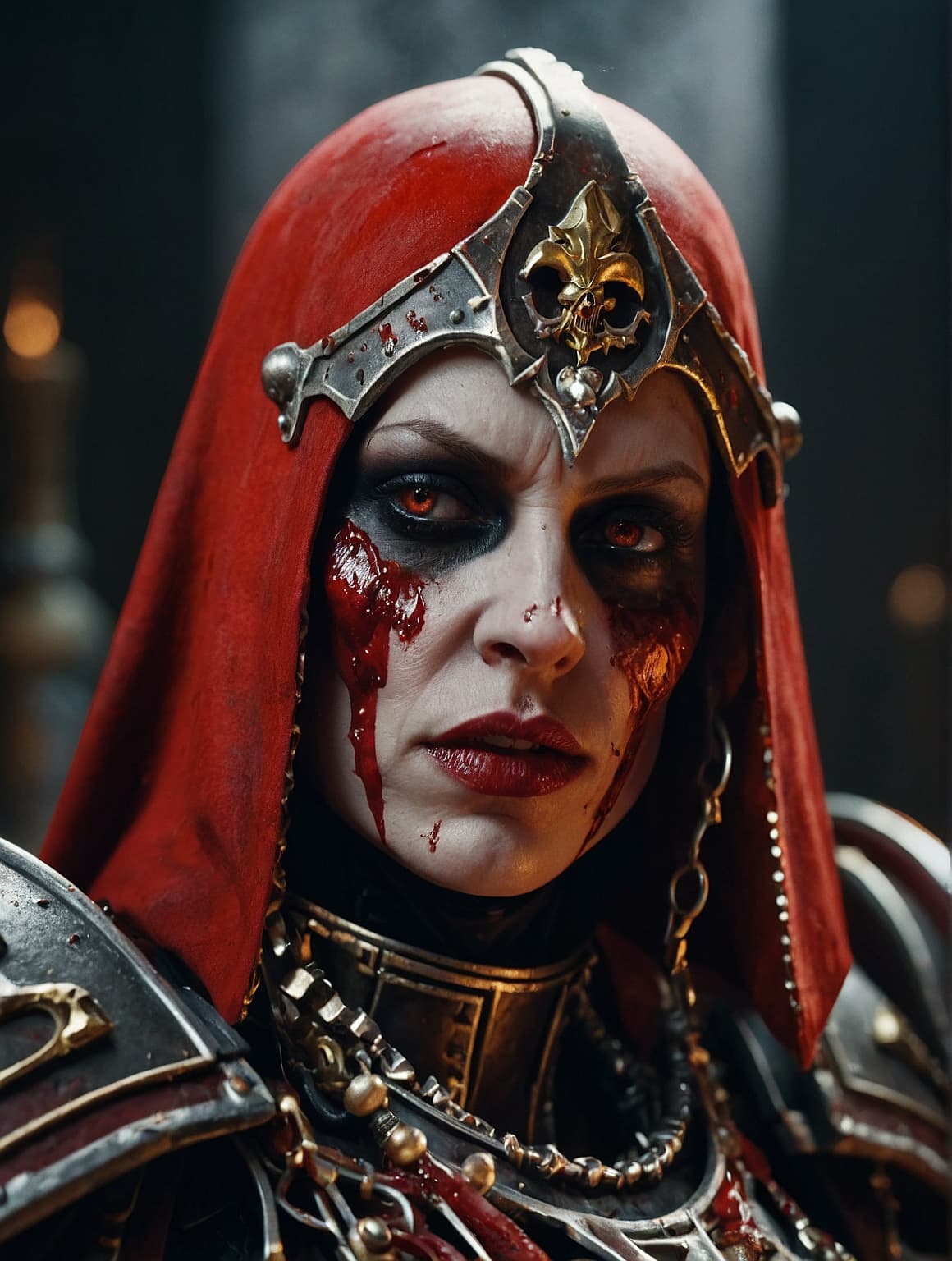 AI generated: full body shot of a very high detailed Psyker of the Chaos, photorealistic,warhammer 40000, in a bat...