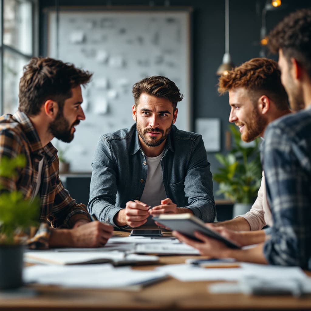 AI generated: Group of dynamic people, men and women, discussing with each other, technical IT background in a fri...
