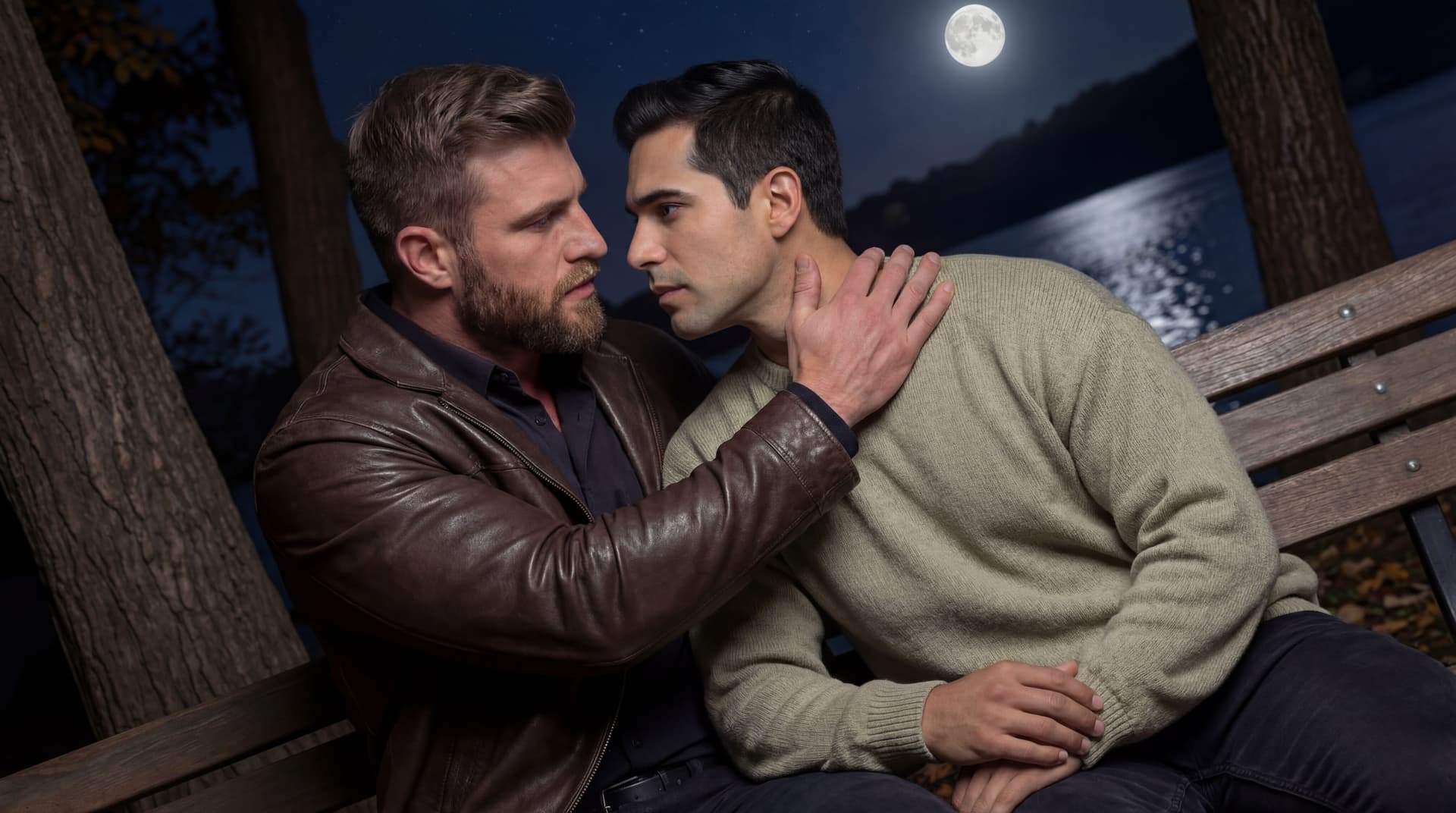 AI generated: Same image. The guy in the brown jacket has his arm around the other guy's neck. The image is from a...